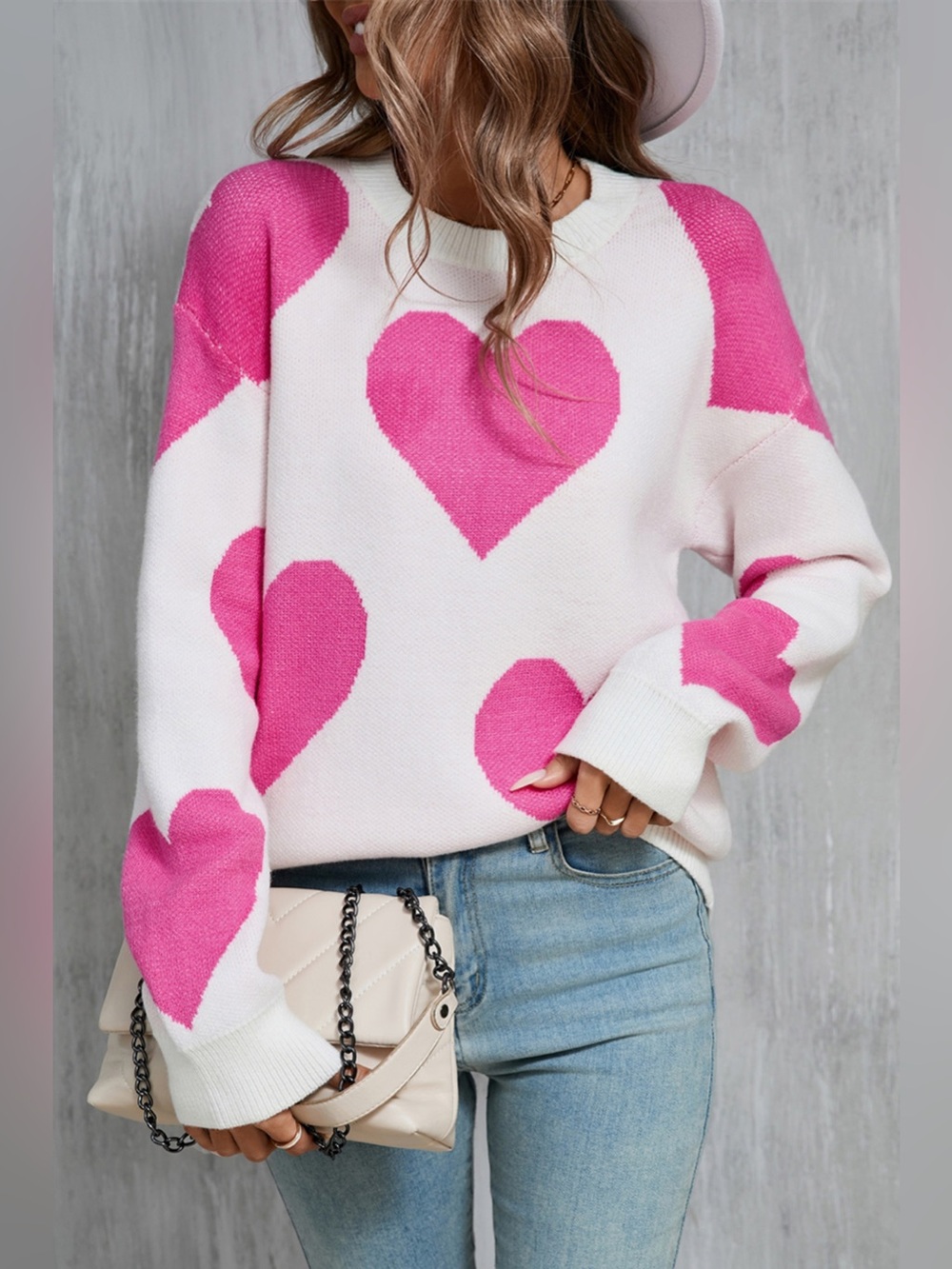 Angel Wings Contrast Heart Dropped Shoulder Long Sleeve Sweater
